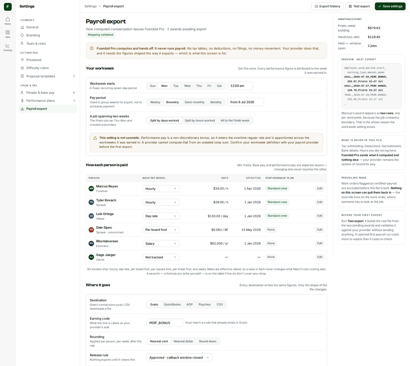 Foambid Pro payroll export design mockup: workweek definition, per-person base pay models, and export destinations for a payroll provider.