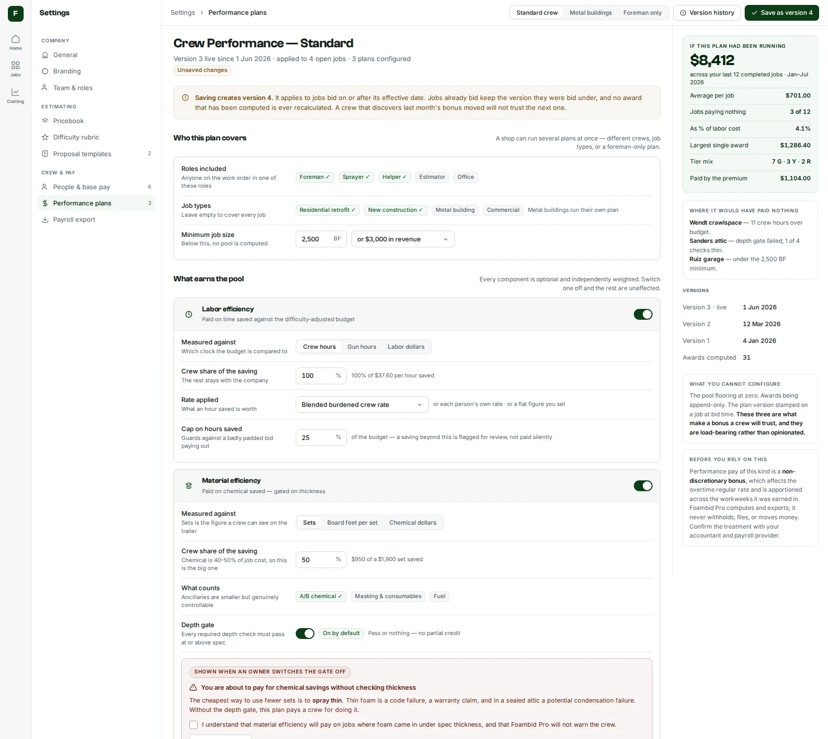 Foambid Pro performance plans design mockup: configurable pay plan with labor efficiency and material efficiency components, crew share percentages, and a depth-check gate.
