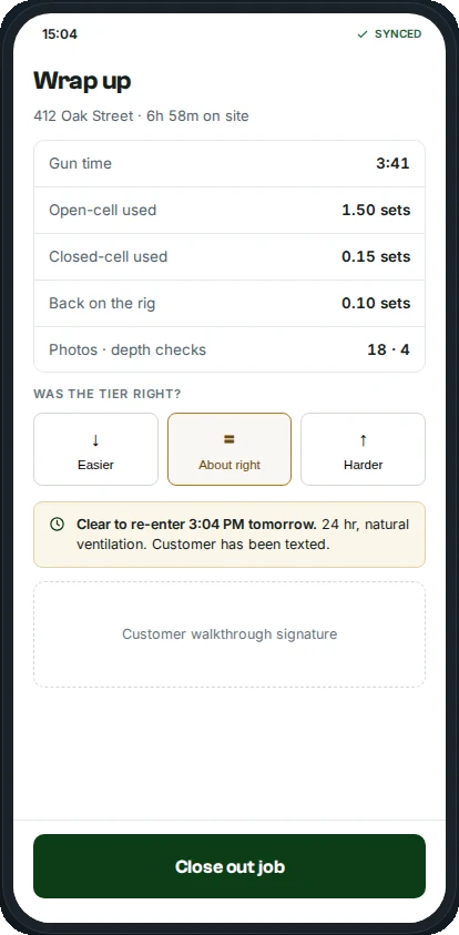Field app wrap-up: post-job entry with final material used, photos, depth checks, and tier feedback.