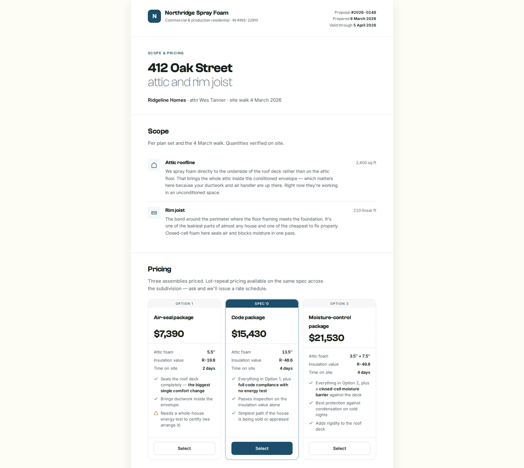 Foambid Pro builder proposal variant: the same bid re-spoken for a builder, with assembly specifications and code path.